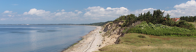 Ertebølles härliga Limfjordsstrand nedanför de höga sluttningarna i sommarstugeområdet Ertebølles härliga Limfjordsstrand nedanför de höga sluttningarna i sommarstugeområdet