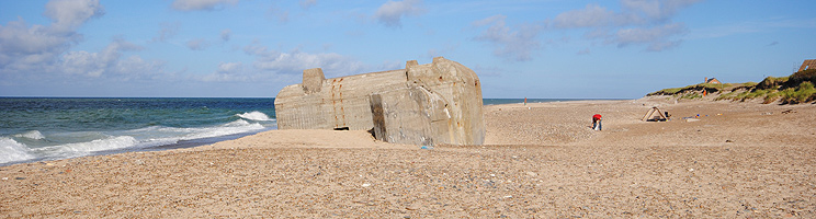 Sandstrand med bunker, klitter og sommerhuse med havudsigt Sandstrand med bunker, klitter og sommerhuse med havudsigt