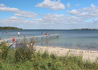 Lang badebro ved stranden med det klare vand i ferieområdet Løjt Lang badebro ved stranden med det klare vand i ferieområdet Løjt