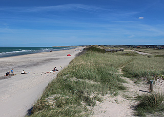 Sommarstugor i landskapet med sanddyner bak den breda sandstranden i Nörlev Sommarstugor i landskapet med sanddyner bak den breda sandstranden i Nörlev