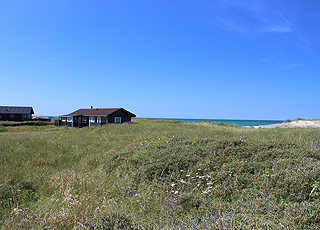Några av de många välbelägna sommarstugorna i landskapet med sanddyner bak Nörlev Strand Några av de många välbelägna sommarstugorna i landskapet med sanddyner bak Nörlev Strand