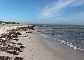 Ajstrup Strand med lavt vand og badebro ligger kun 2 km fra Norsminde Ajstrup Strand med lavt vand og badebro ligger kun 2 km fra Norsminde