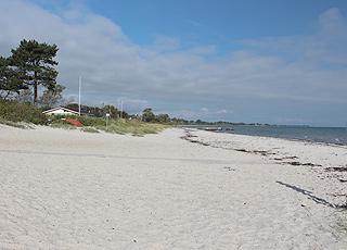 Den brede sandstrand og sommerhuse langs kysten i Saksild Den brede sandstrand og sommerhuse langs kysten i Saksild