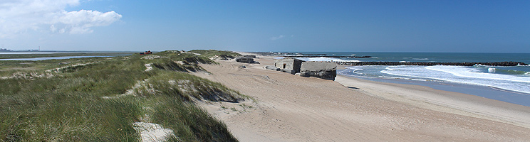 Den brede sandstrand i Thyborøn med bunkere, bølgebrydere og klitter Den brede sandstrand i Thyborøn med bunkere, bølgebrydere og klitter