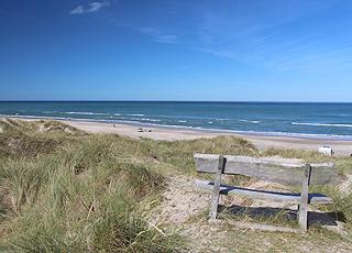Bank mit Aussicht über den schönen Sandstrand in Tornby Bank mit Aussicht über den schönen Sandstrand in Tornby