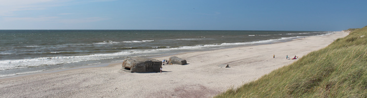 Den brede sandstrand med klitter og bunkere i Vedersø Klit Den brede sandstrand med klitter og bunkere i Vedersø Klit