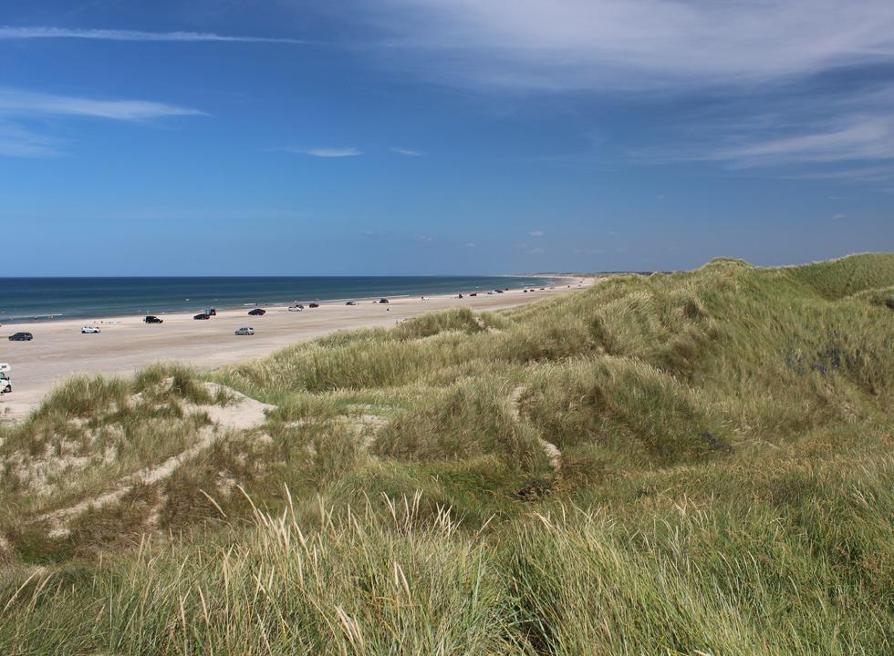 Bred sandstrand og høje klitter i badebyen Rødhus @{image.image.text_1.text}.NoHtml()