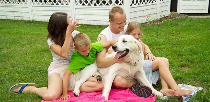 Familie med hund foran sommerhus