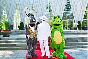 Kijk hoe Pierrot tovert en geef Mevrouw Kikker en Meneer Konijn een knuffel Pierrot en de mascottes Meneer Konijn en Mevrouw Kikker